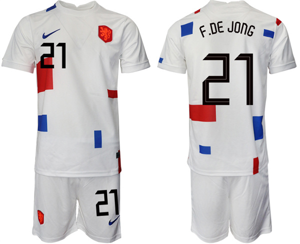 Men's Netherlands #21 F. De Jong White Away Soccer Jersey Suit